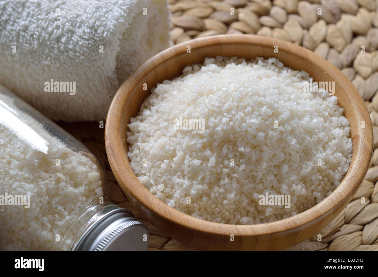 Close up of spa set with salt bath. Thermal spring bath salt with