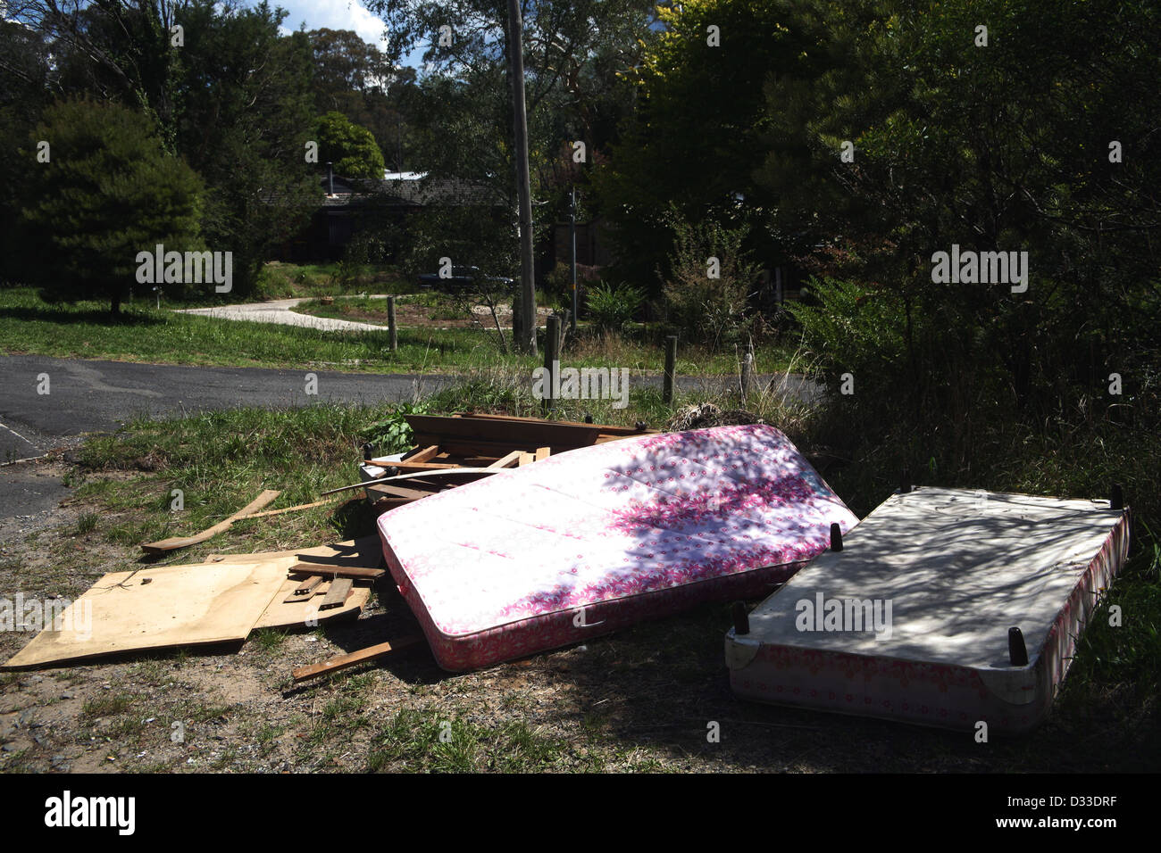 Old mattresses by the road waste, Katoomba 2780 AUSTRALIA Stock Photo