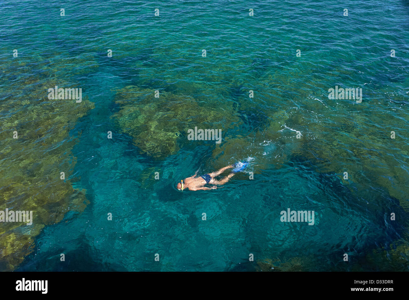 Young man snorkeling in transparent shallow ocean. Canary Islands