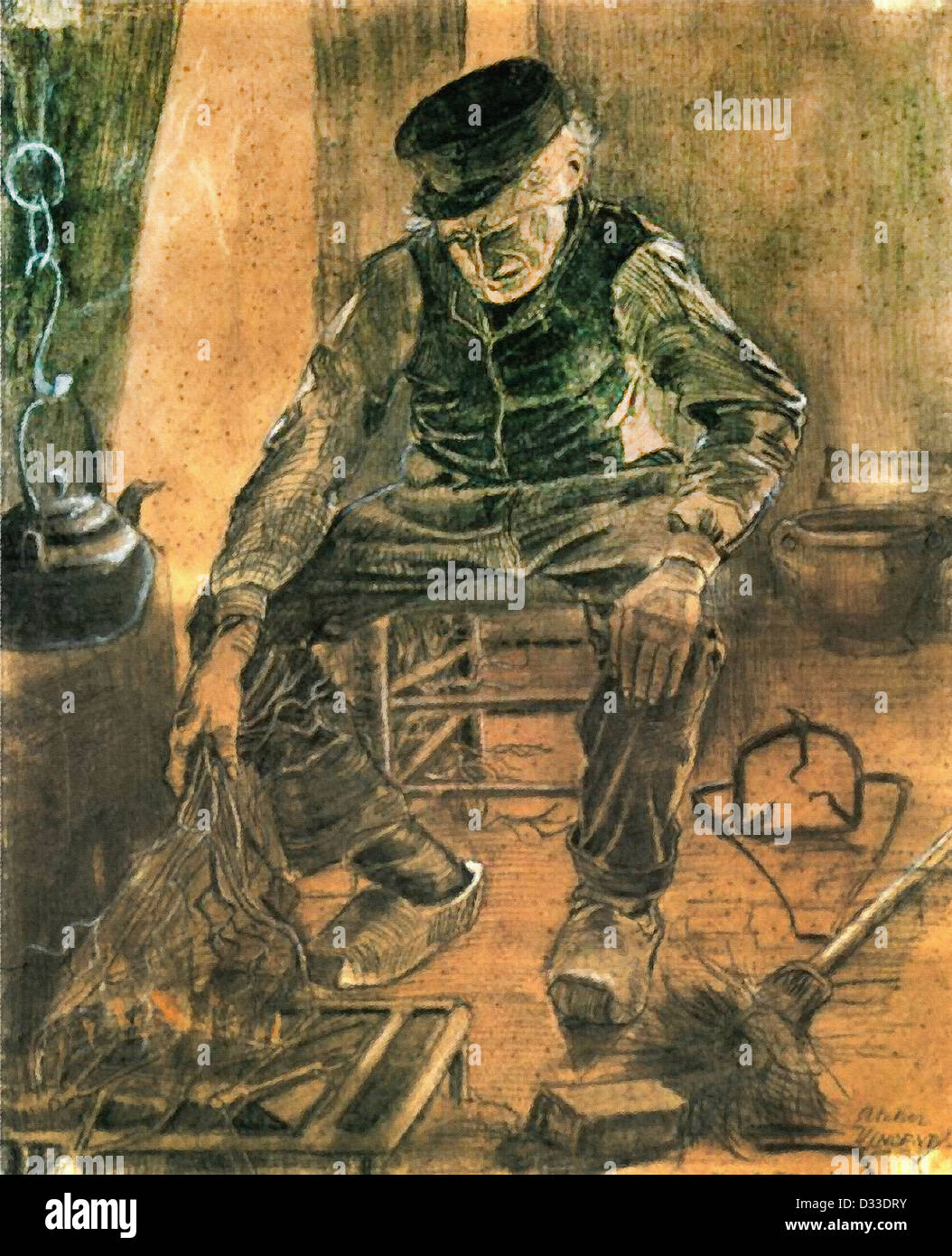 Vincent van Gogh: An Old Man Putting Dry Rice on the Hearth. 1881. Rijksmuseum Kröller-Müller, Otterlo, Netherlands. Realism. Stock Photo