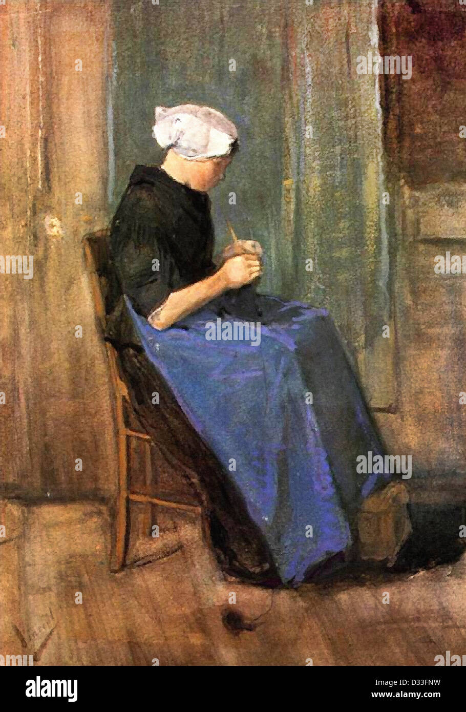 Vincent van Gogh: Young woman knitting. 1881. Realism. Private Collection. Place of Creation: Netherlands. Stock Photo