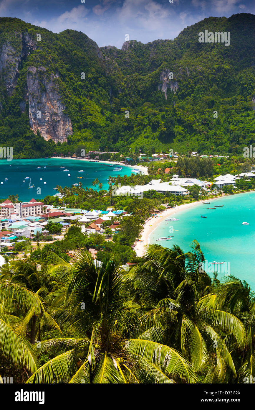 Phi Phi Don island from a viewpoint. Krabi province, Andaman Sea, Thailand. Stock Photo