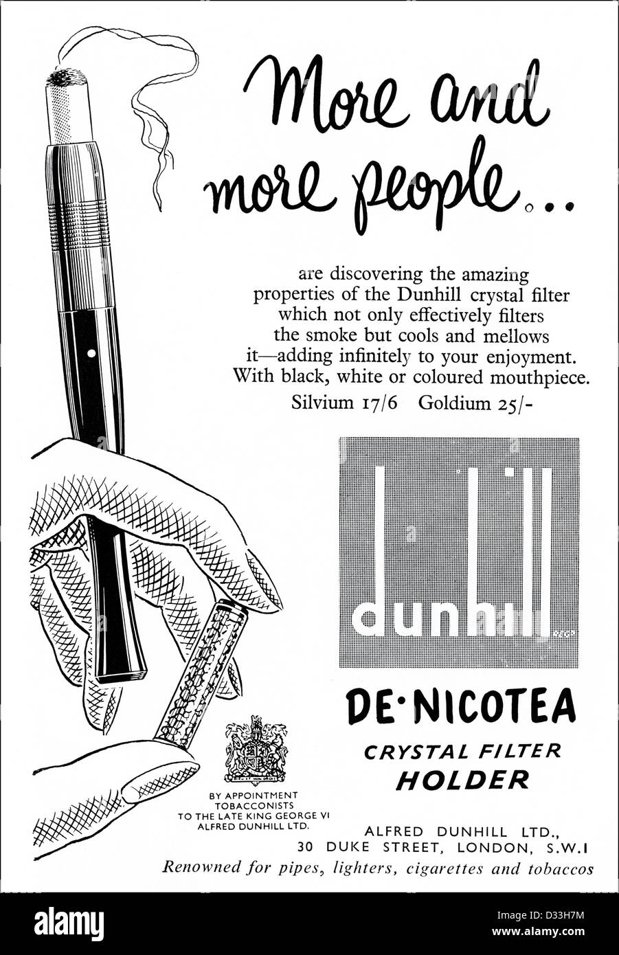Original 1950s vintage print advertisement from English magazine advertising DUNHILL crystal filter holder Stock Photo