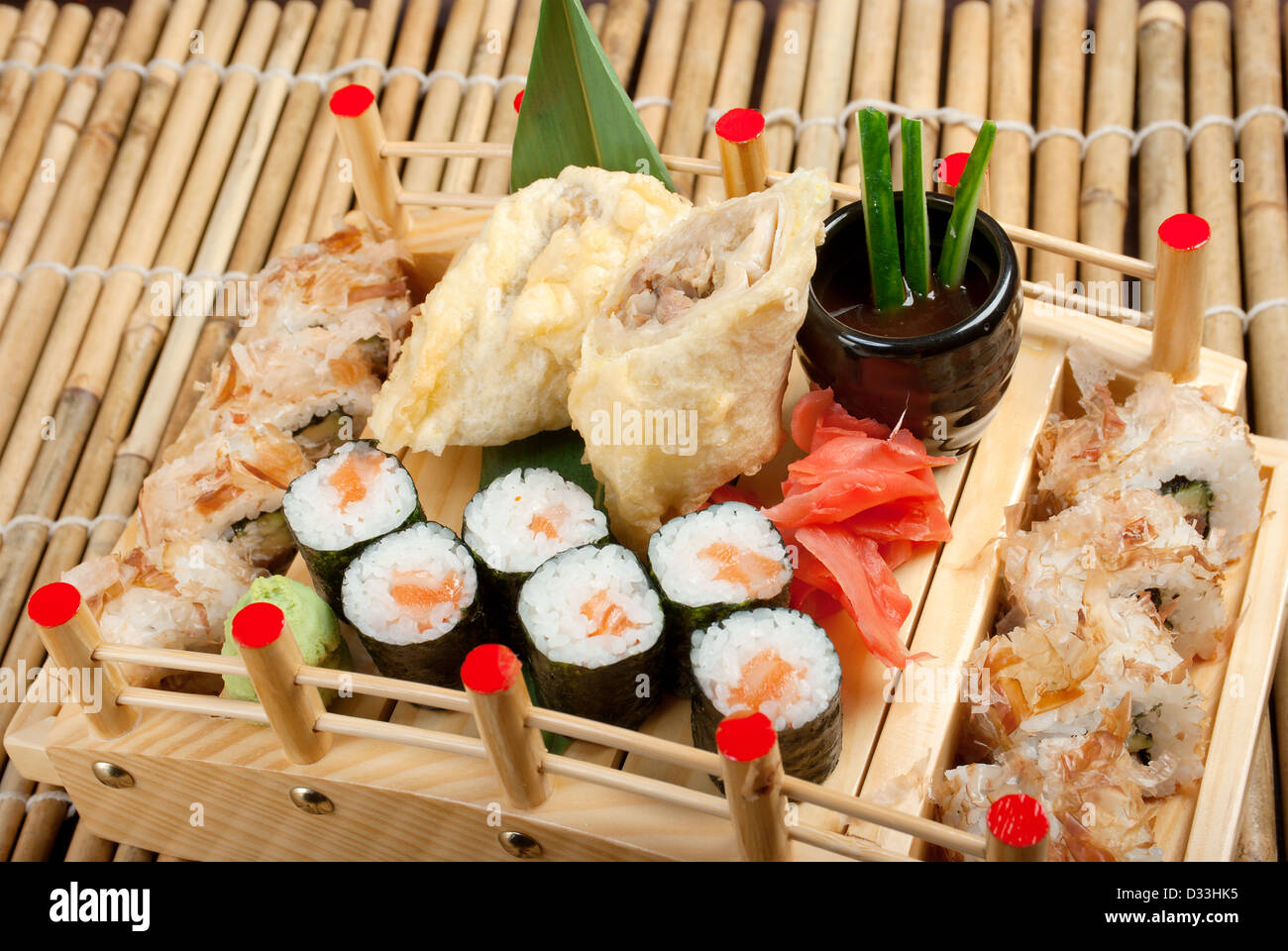 Assorted sushi Japanese food. traditional japanese food.Roll made of Smoked fish Stock Photo