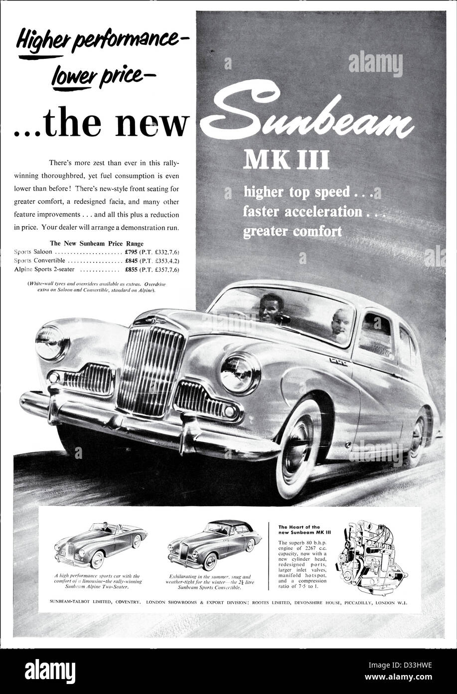 Original 1950s vintage print advertisement from English magazine advertising SUNBEAM Mk III car Stock Photo