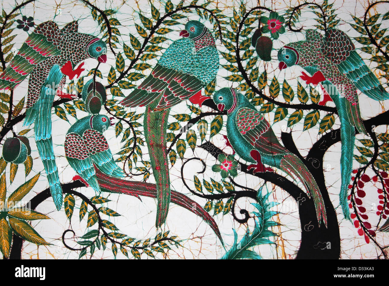 Sri Lankan Batik Showing Parrots Stock Photo