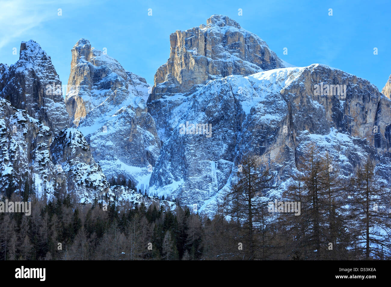 Beautiful winter rocky mountain landscape. Italy Dolomites, at the foot