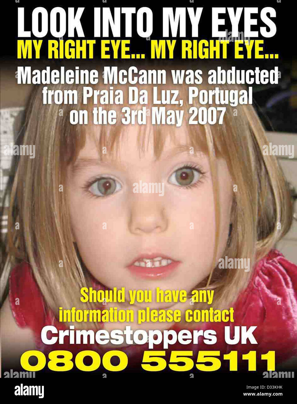 A Crimestoppers poster appealing for information regarding Missing British child Madeleine Mccann 3. Stock Photo