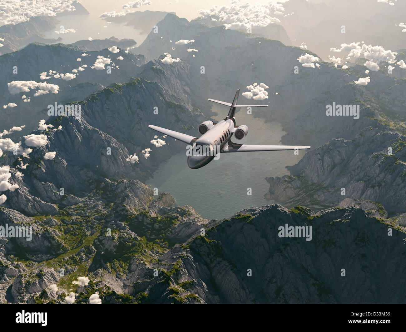 aircraft flies over a mountain range Stock Photo