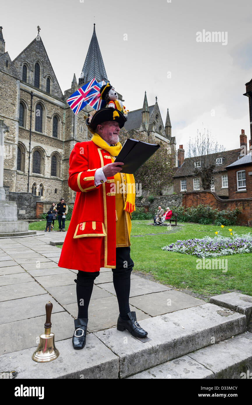 Town Crier of Rochester standing outside the cathedral, Rochester, Kent, UK Stock Photo