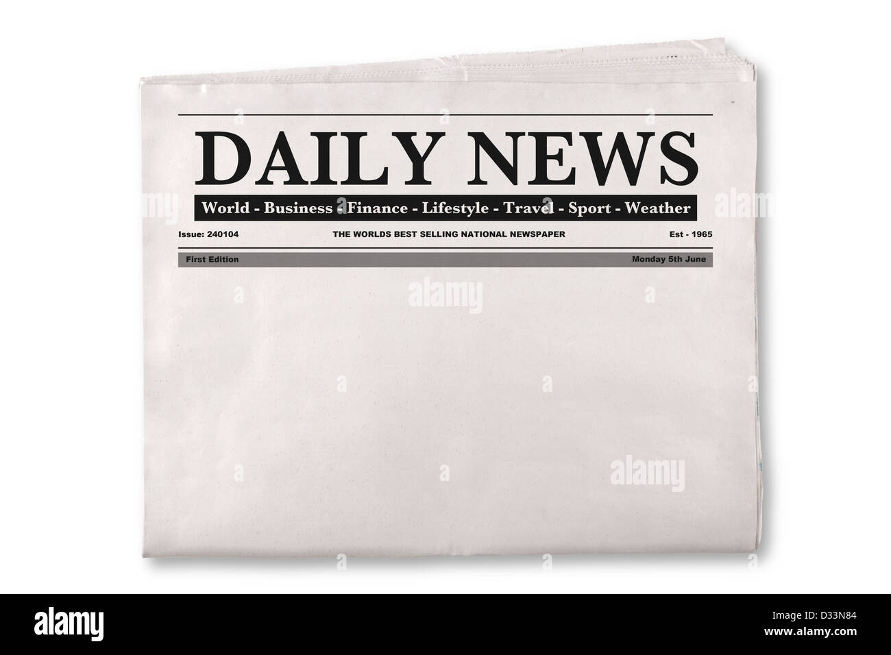 Mock up of a blank Daily Newspaper with empty space to add your own news or headline text and pictures. Stock Photo