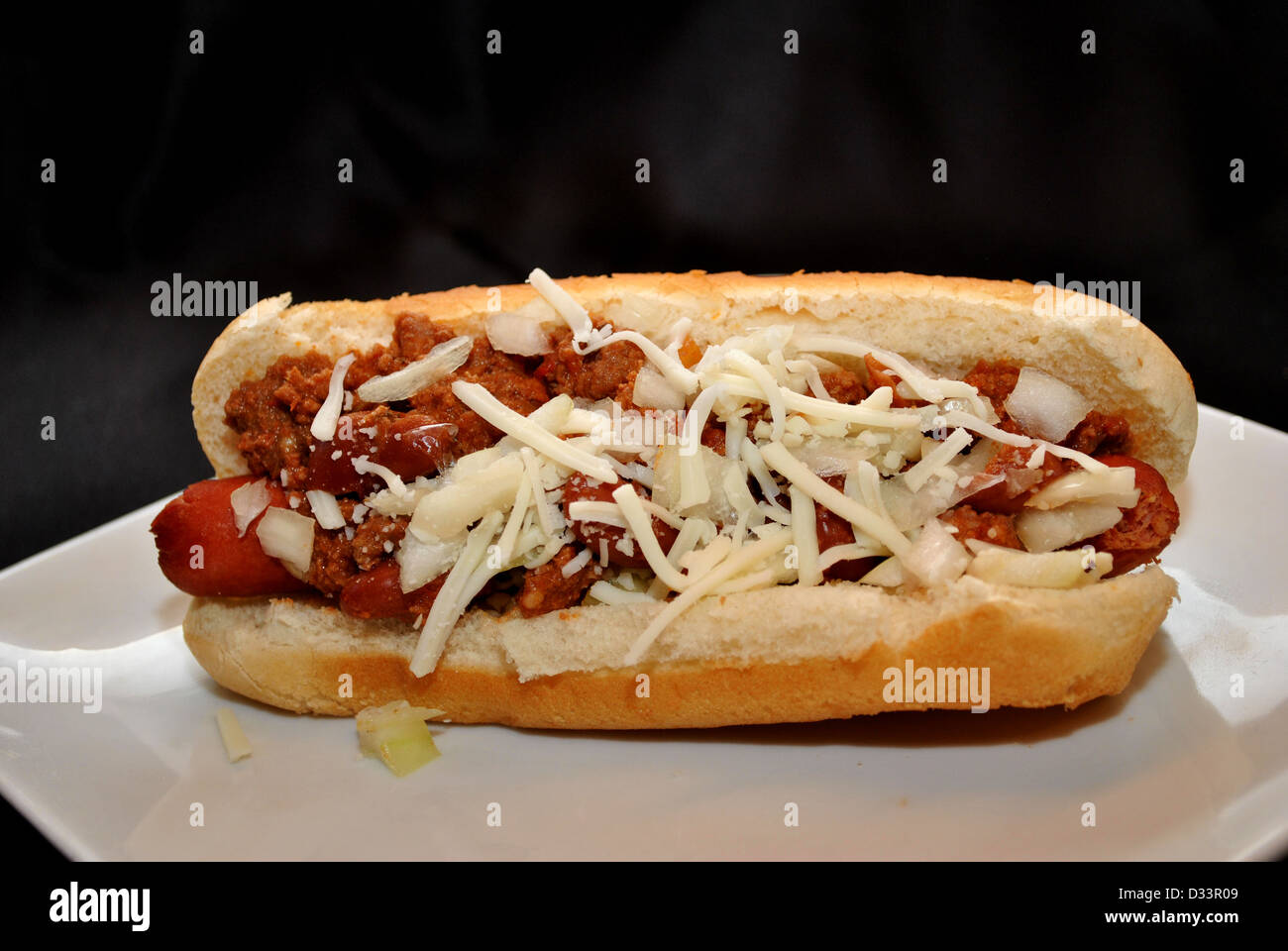 Chili Dog with Onion and Cheese Stock Photo Alamy