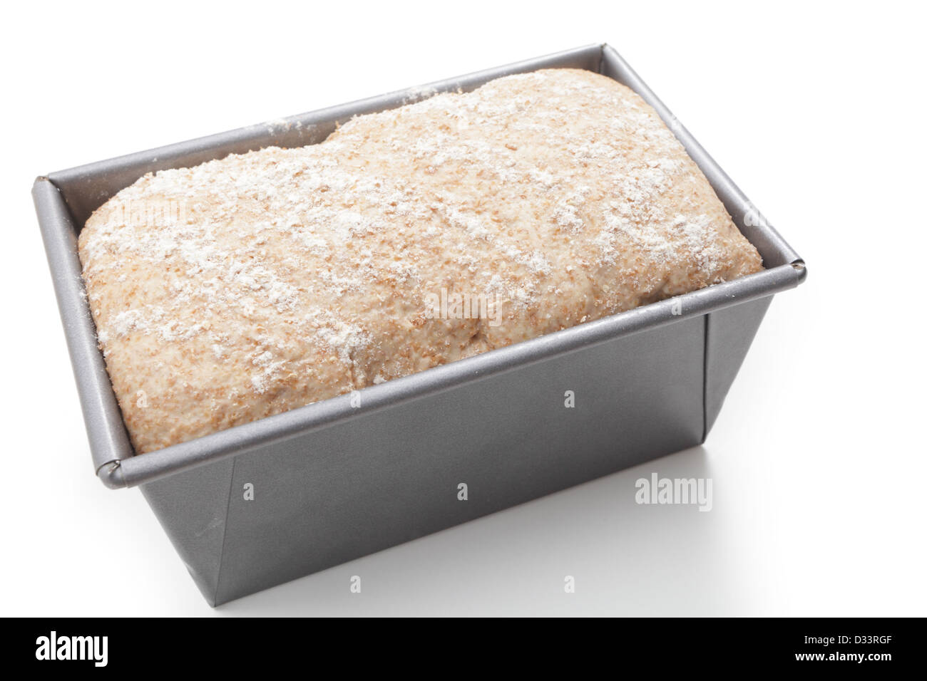A bread tin with wholemeal dough on its final rise and about to go into the oven Stock Photo