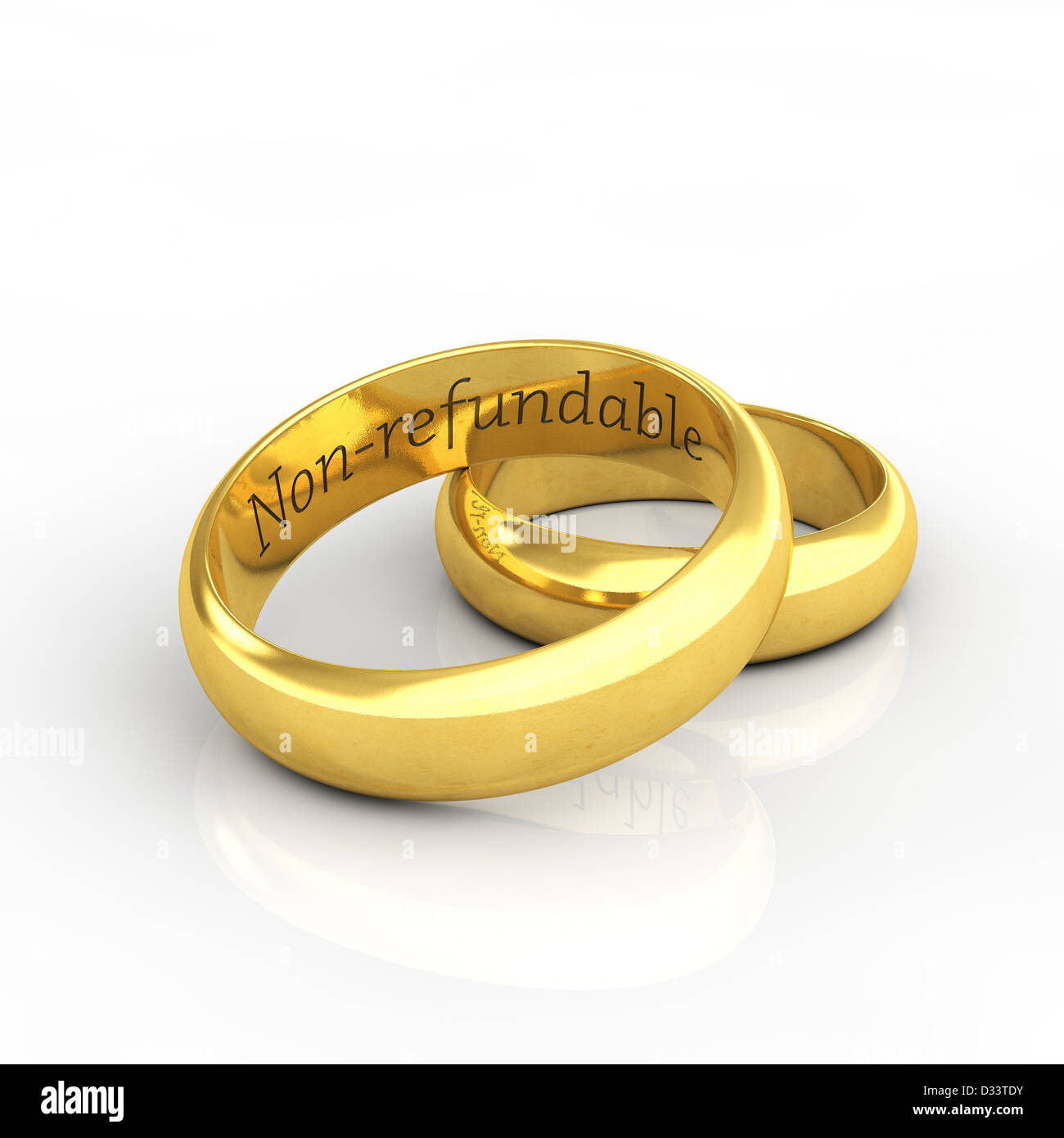 Golden wedding rings on white background with humorous engraving Stock