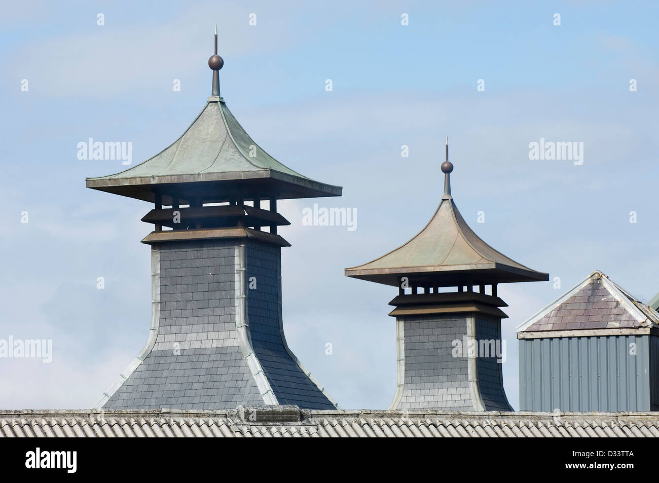 Pagoda towers of a Scottish whisky distillery. Stock Photo