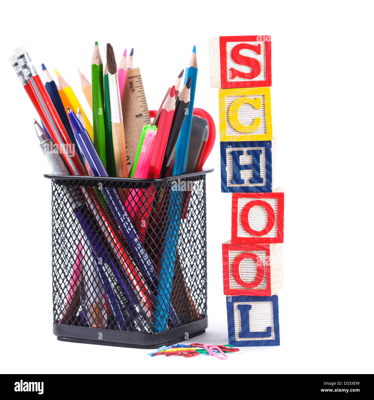Black pencil cup with stationary for school Stock Photo Alamy