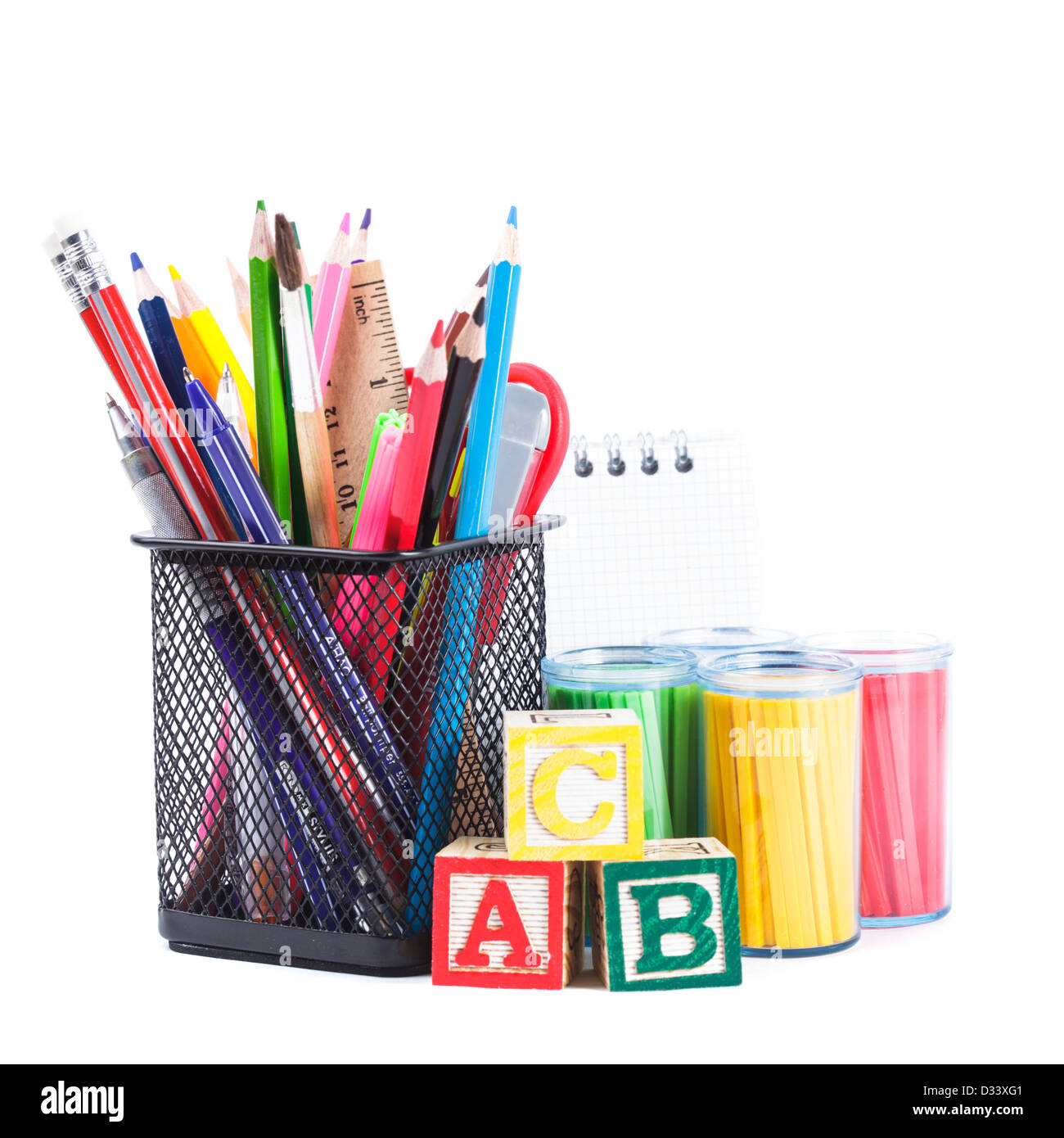 Black pencil cup with stationary for school Stock Photo Alamy