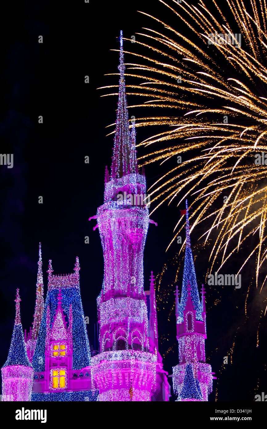 Disney World Castle At Night With Lights And Fireworks Stock Photo Alamy