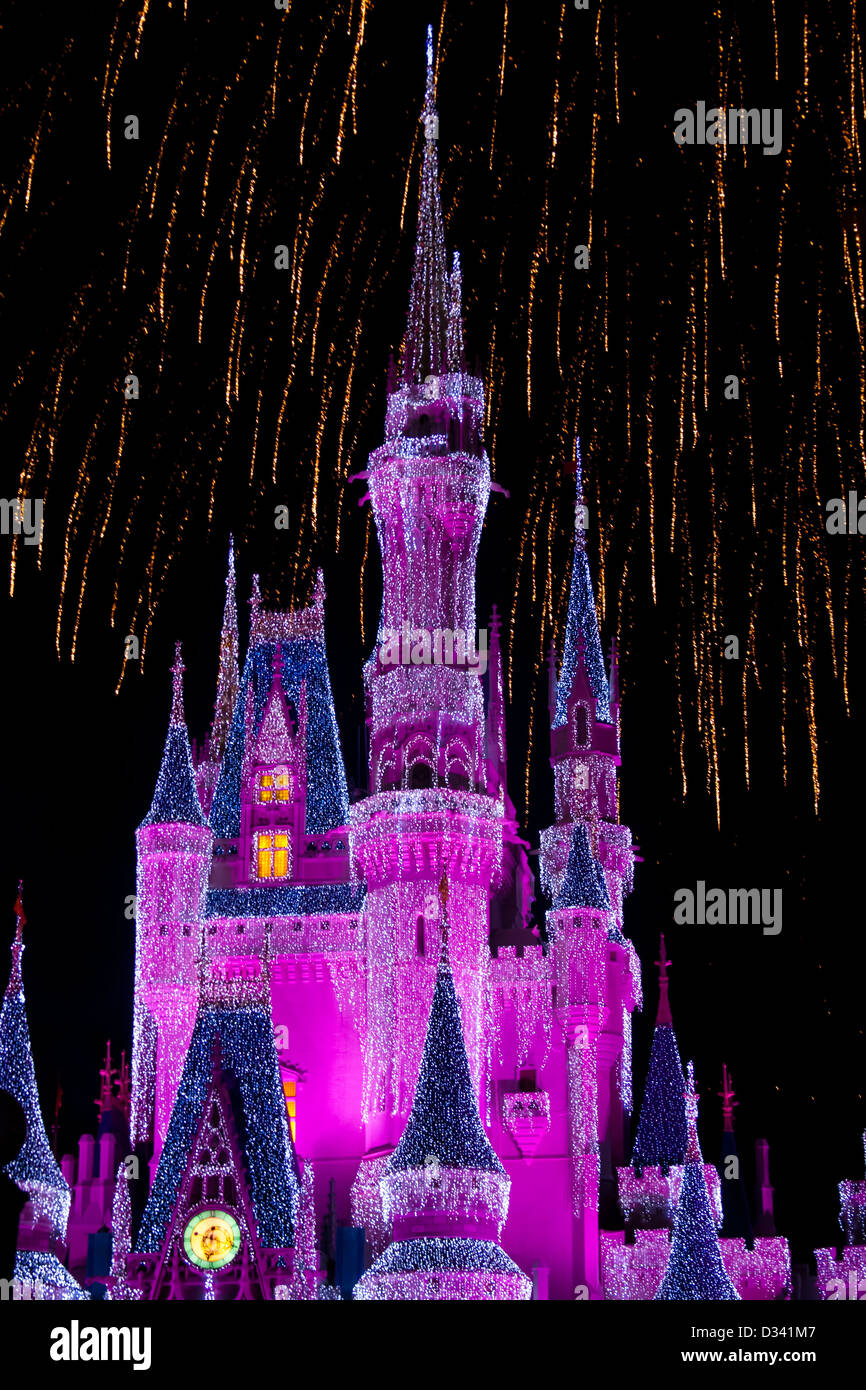Disney World Castle At Night With Lights And Fireworks Stock Photo Alamy