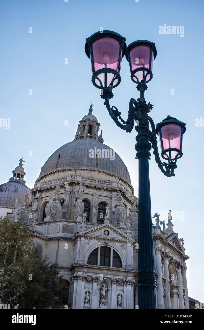 Ornate Street Lights in Front of the Basilica of Santa Maria della Salute Stock Photo