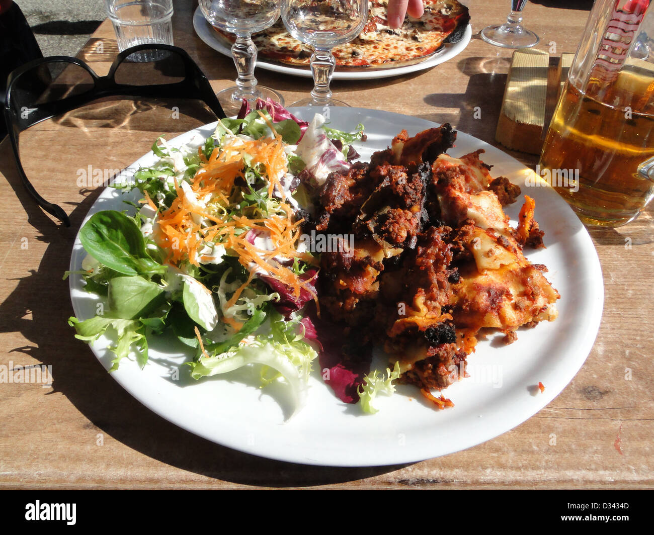Pizza and lasagna for lunch at a ski area near Avoriaz, France Stock Photo