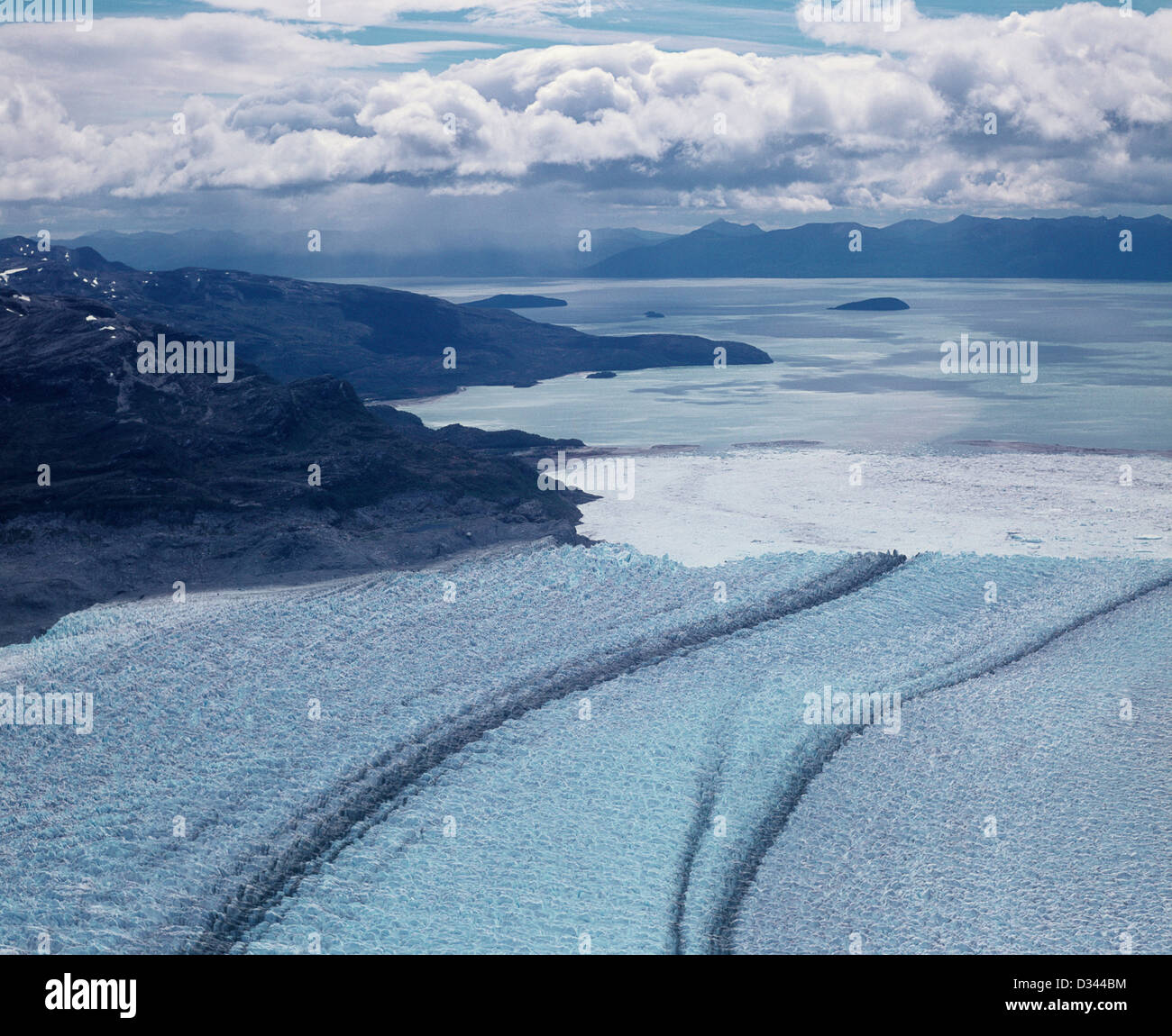 Chile, Tierra del Fuego, aerial view of Marinelli glacier pushes it's masses of ice into Ainsworth Bay at Admirality Sound Stock Photo