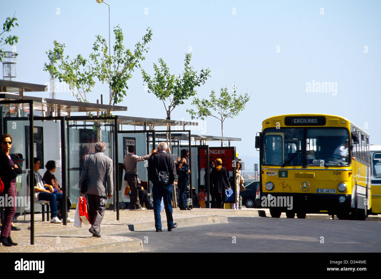 Almada Lisbon Portugal Cacilhas People Waiting For Bus At Bus Stop Stock Photo