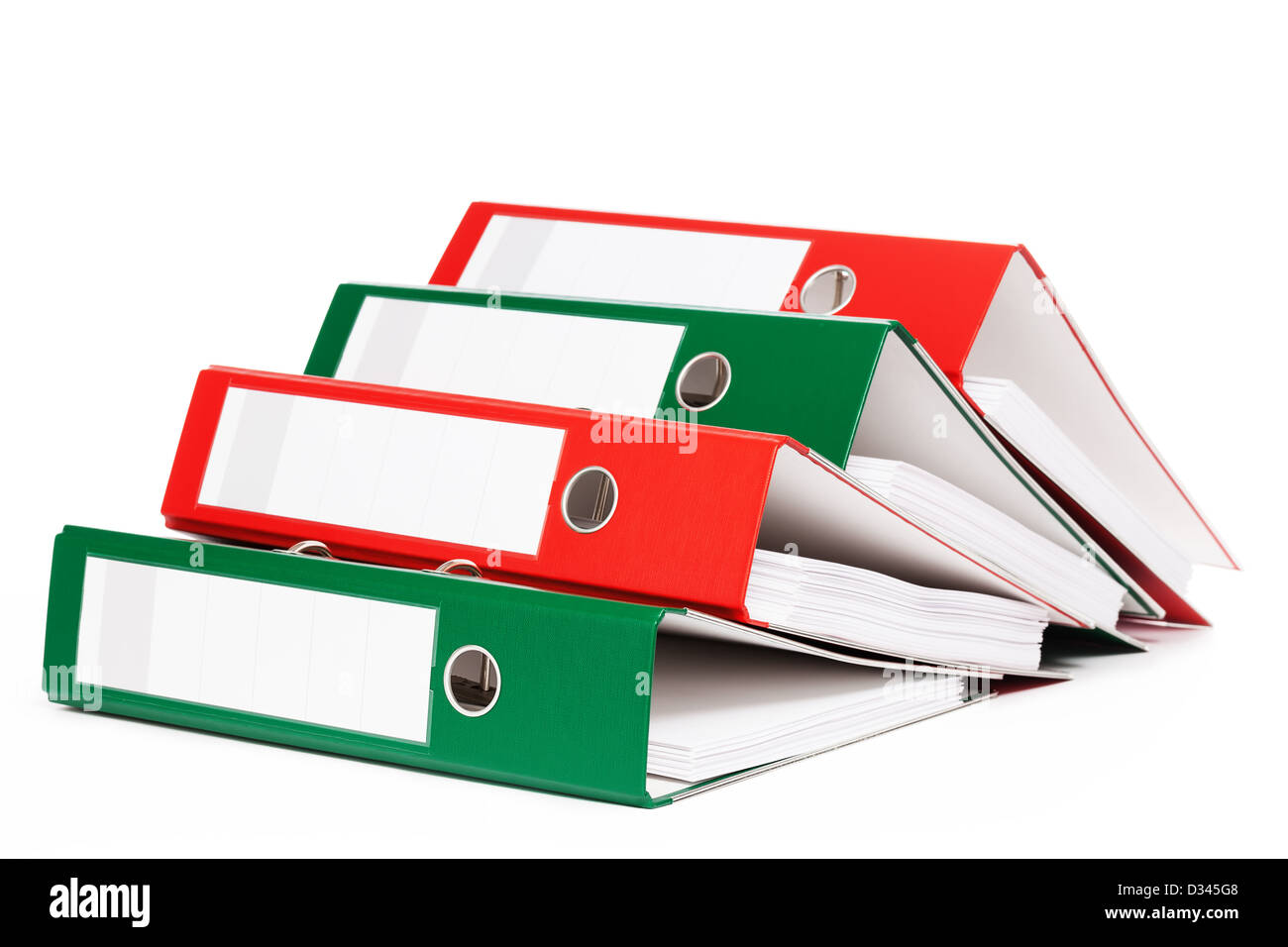 lying red and green ring binders on white background Stock Photo
