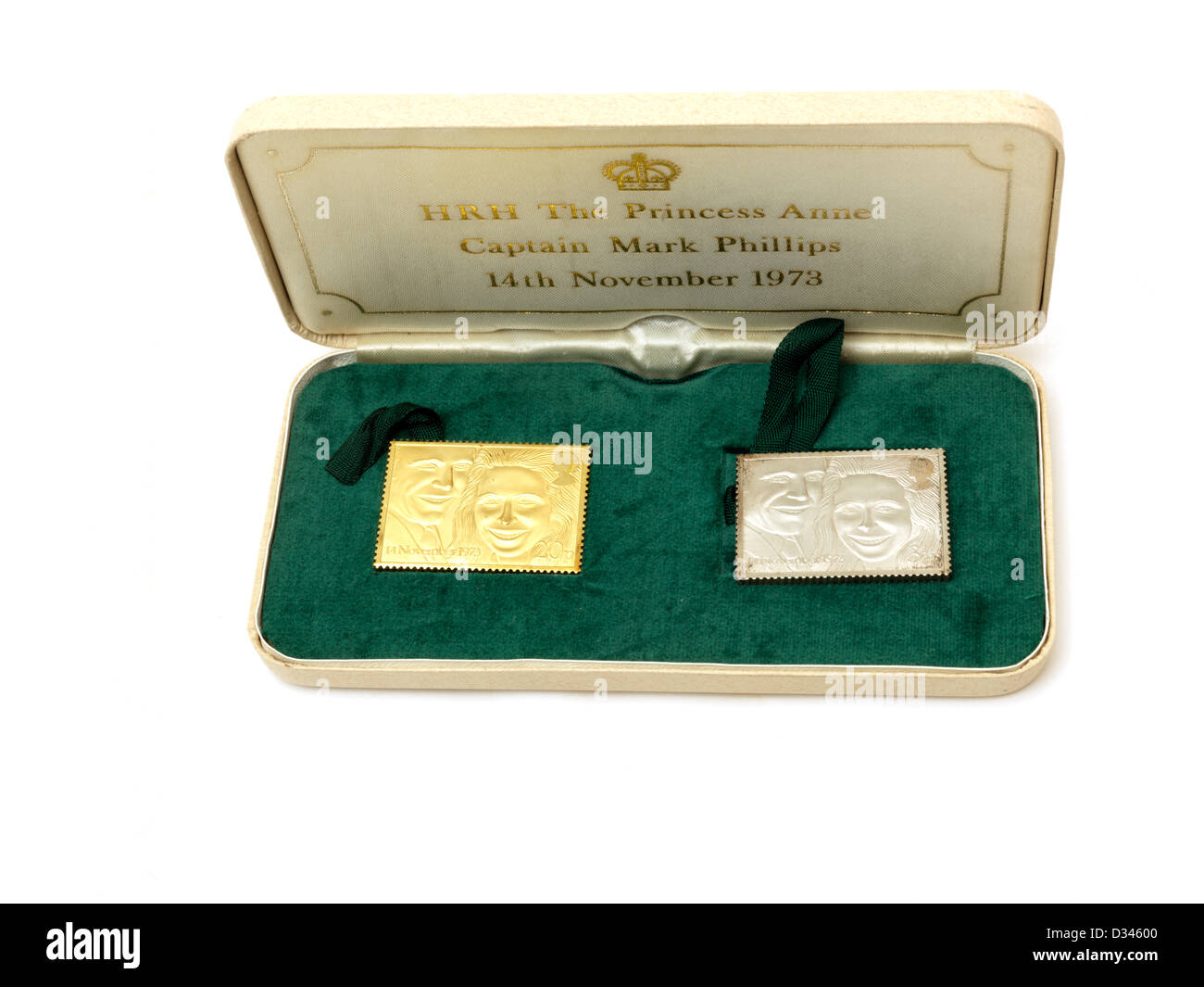 Gold And Silver Stamps Commemorating Princess Anne and Captain Mark Phillips 1973 Hallmark Replicas Stock Photo