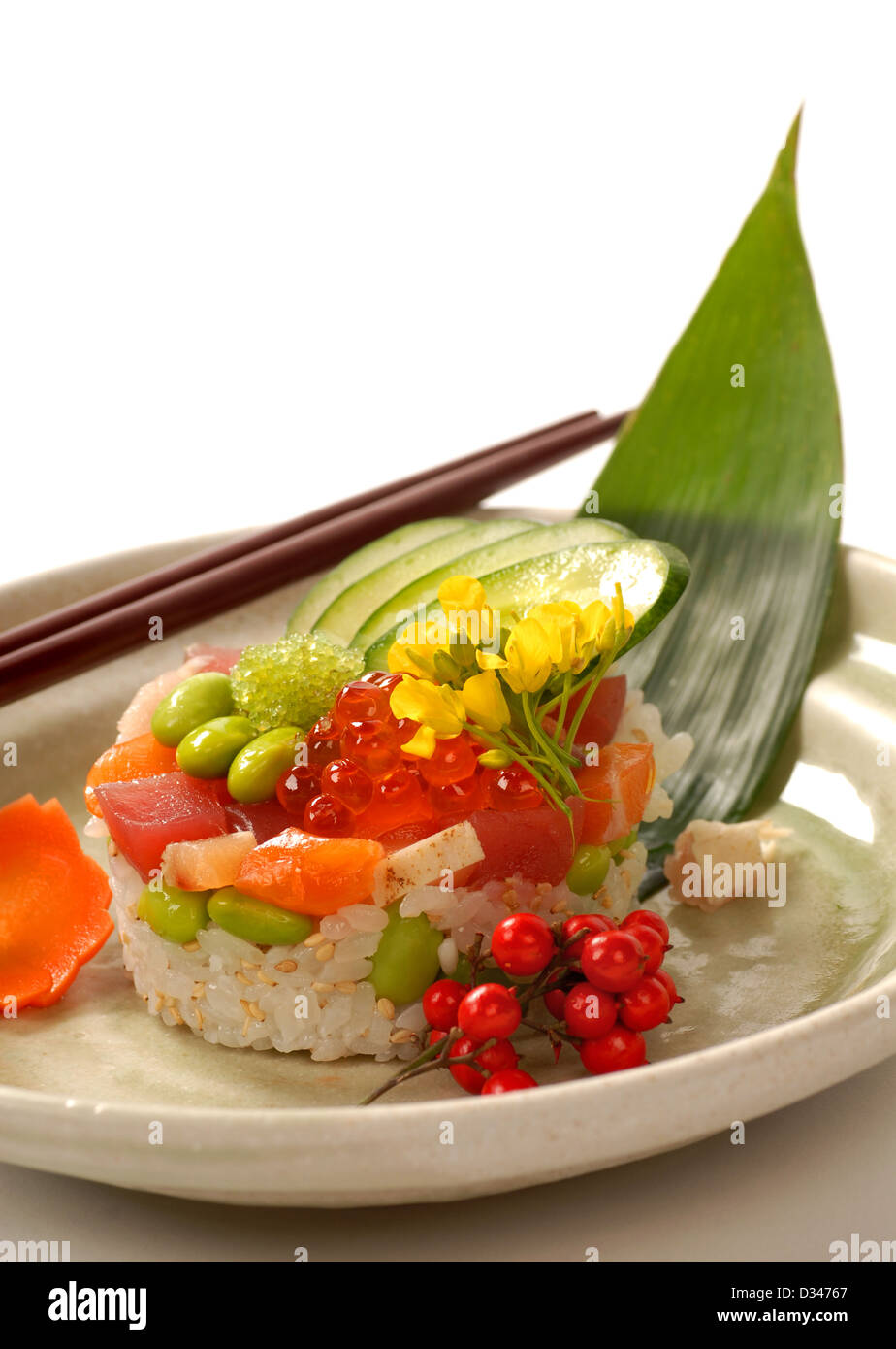 Beautiful Japanese appetizer of rice and tuna mold with vegetables