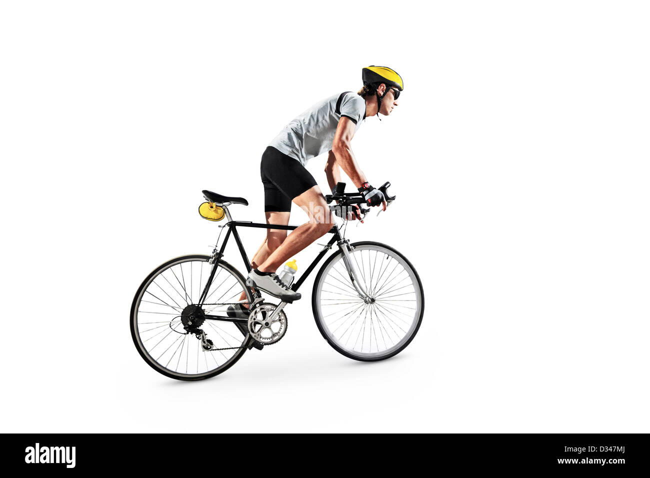 A male bicyclist riding a bike isolated on white background Stock Photo