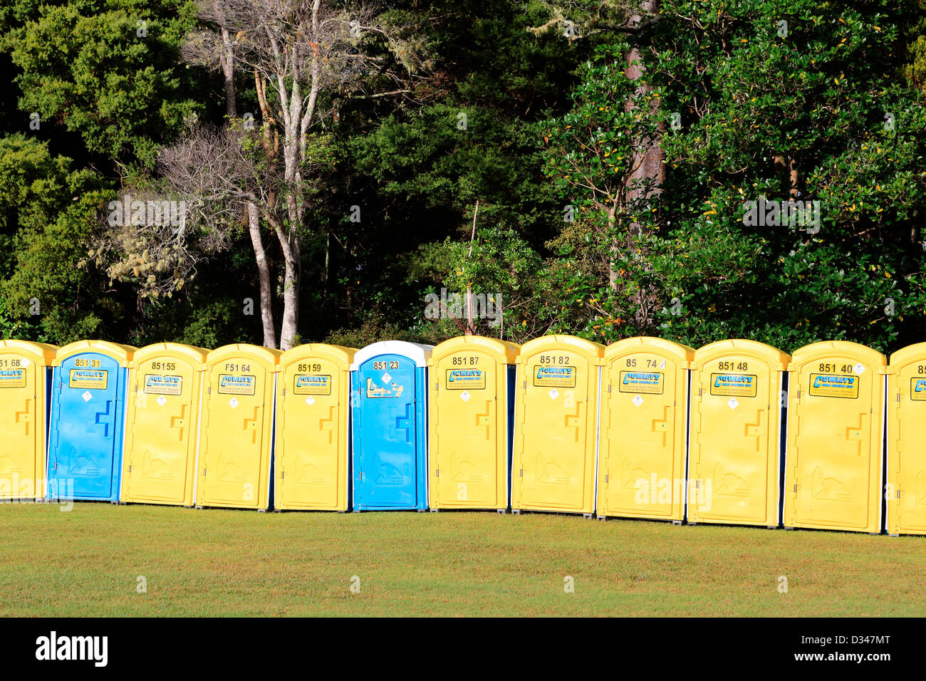 portable toilets set up for public event. Stock Photo