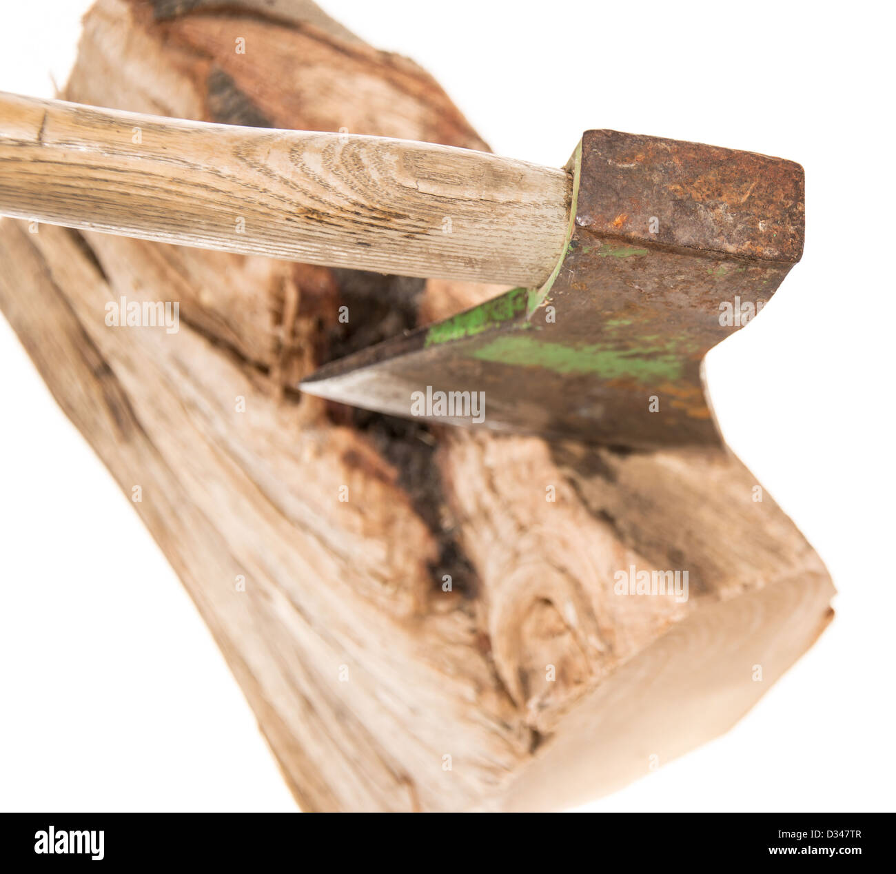 Piece of Wood with Axe isolated on white Stock Photo Alamy