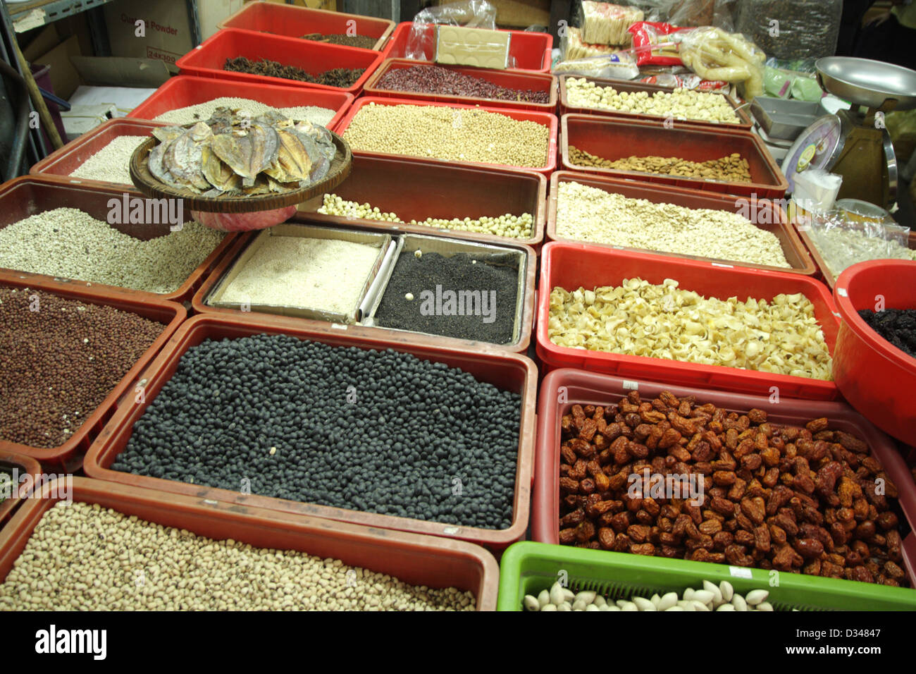 Dried food stall in shop at Yaowaraj market Bangkok's Chinatown , Thailand Stock Photo