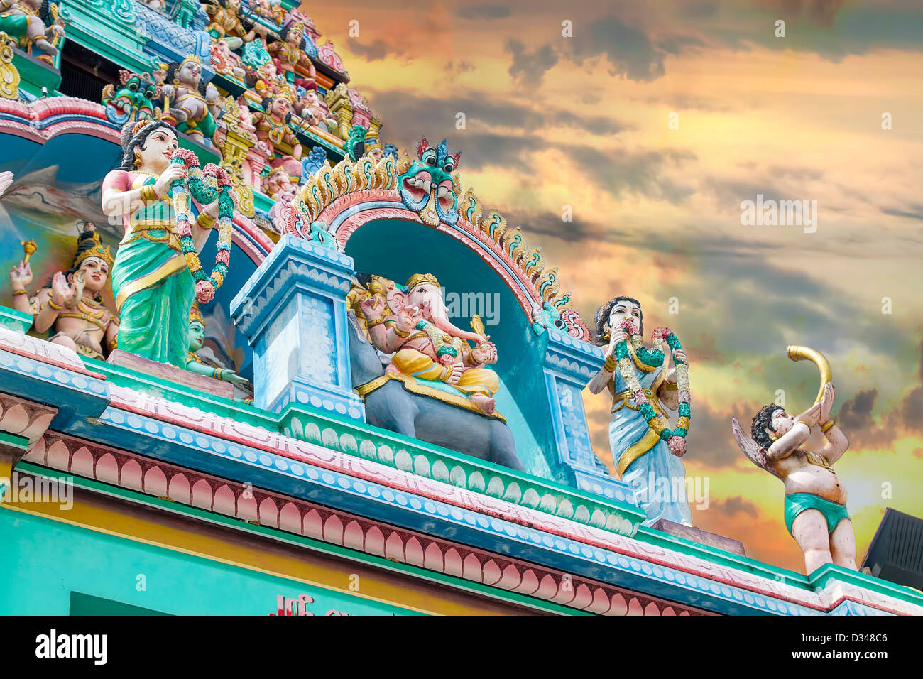 Sri Layan Sithi Vinayagar Temple Lord Ganesha Deity Statues Gopurams Tower Against Sunset Sky Stock Photo