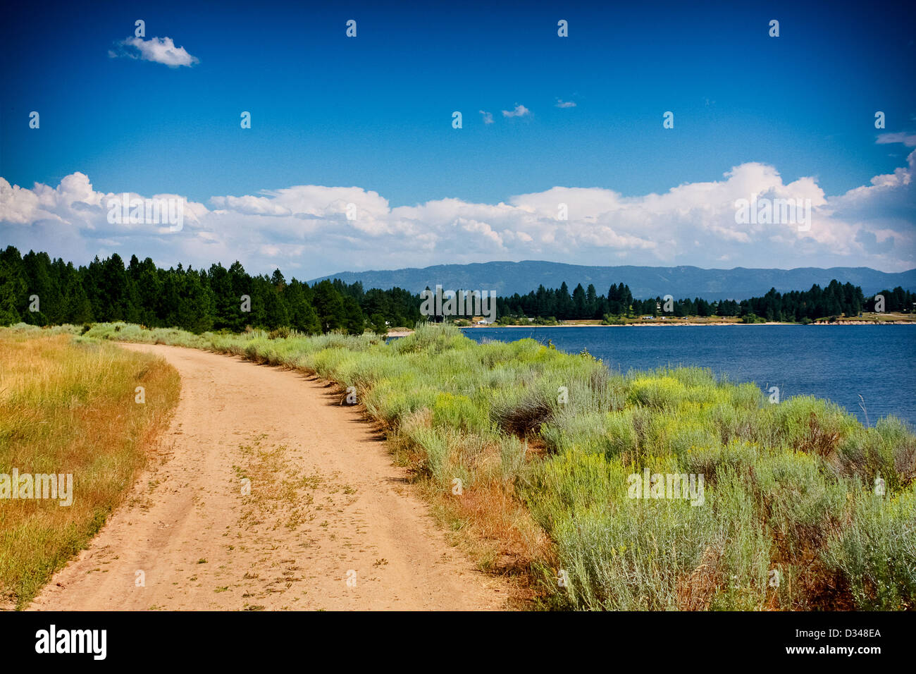 Dirt road surrounded by sagebrush leads into distance around perimeter of Lake Cascade, Idaho Stock Photo