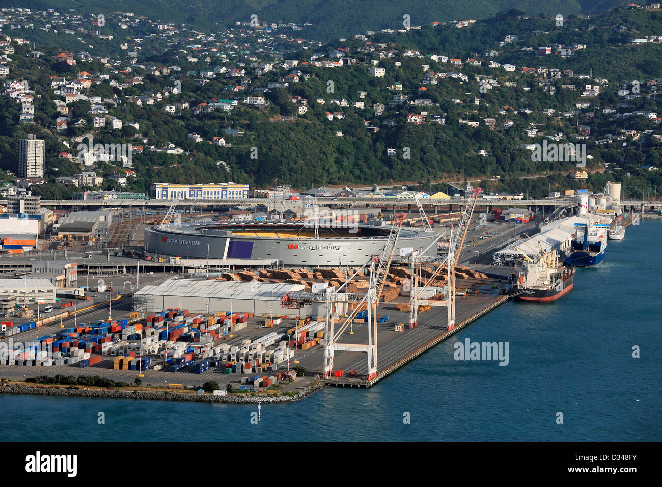 View of Wellington Port and the Sky Stadium (CakeTin) in Wellington