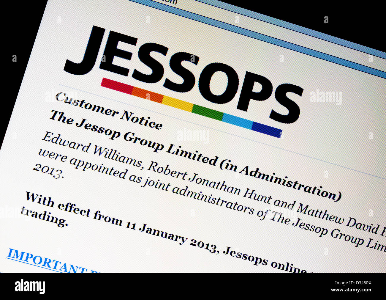 Close up of Jessops website announcing that the UK based photographic retailer had ceased trading and is now in administration Stock Photo