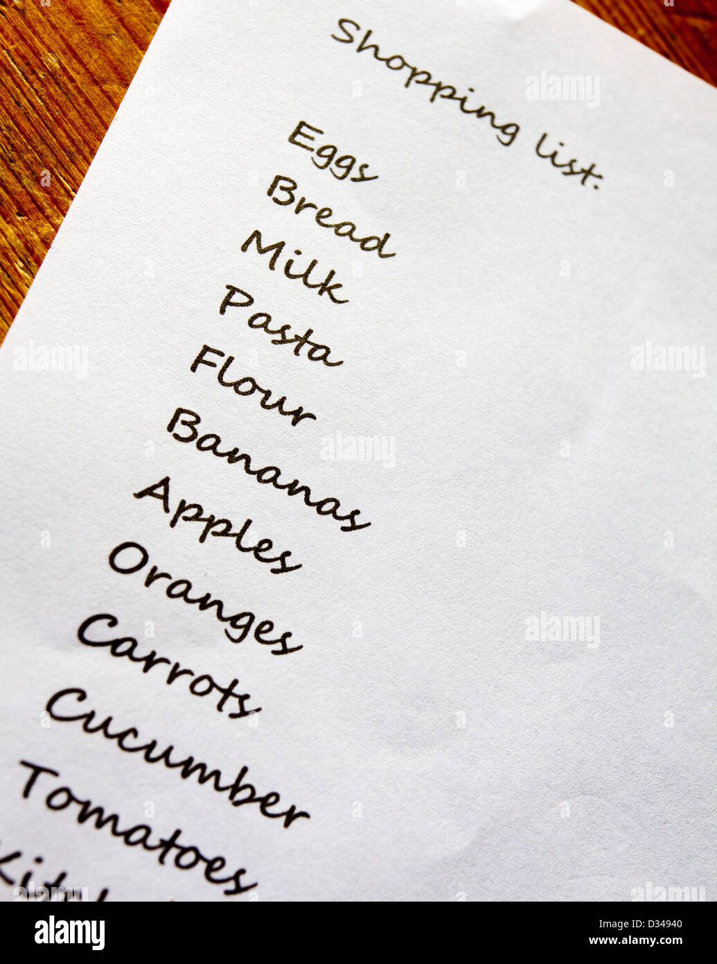 Close up of shopping list with groceries eggs bread milk pasta flour