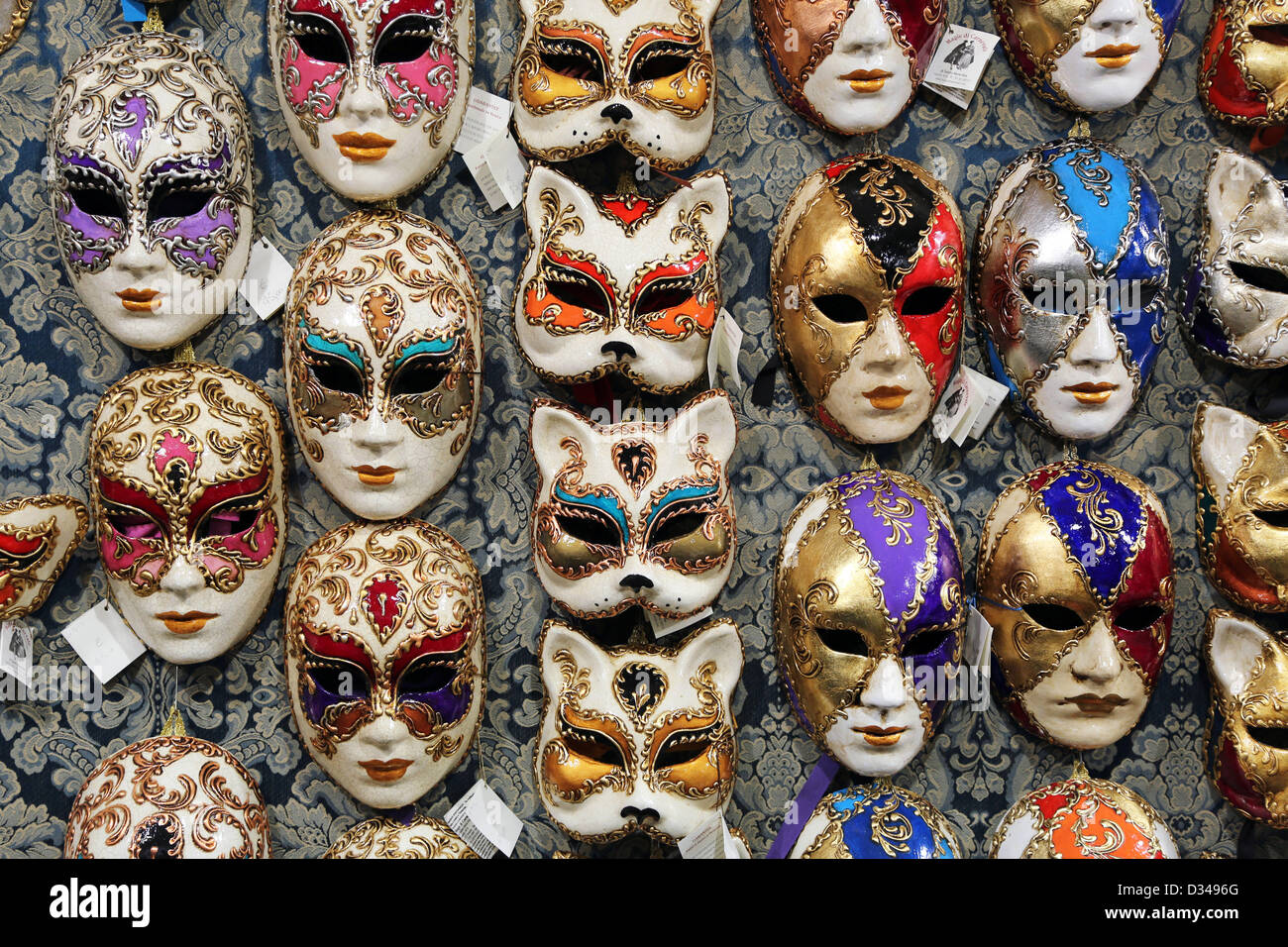 Venice, Italy. 8th February 2013. During the Venice Carnival, almost every shop in Venice sells masks. Perhaps the most popular tourist souvenir at carnival time, masks come in all shapes, sizes and prices. From the basic mask that covers the eyes to hand made and hand painted with gold leaf, you'll find them all. Credit:  Paul Brown / Alamy Live News Stock Photo