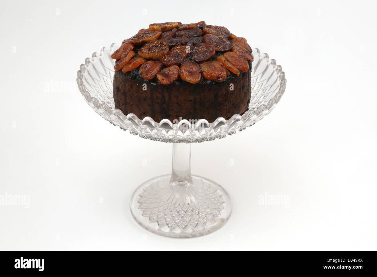 Christmas Fruit Cake With Dried Fruit On Glass Cake Stand Stock Photo