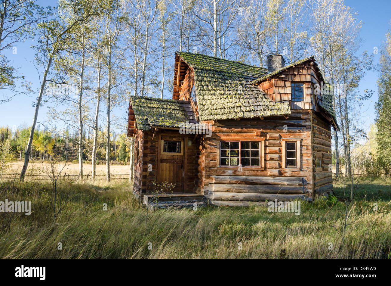 Unique log cabin,  83 Mile House, Cariboo Region, British Columbia, Canada Stock Photo