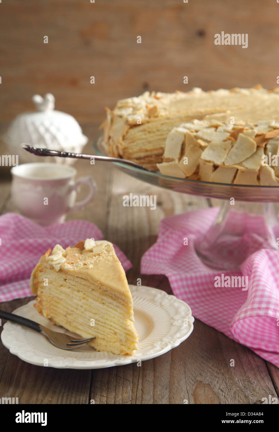 Cake Napoleon of puff pastry with cream Stock Photo