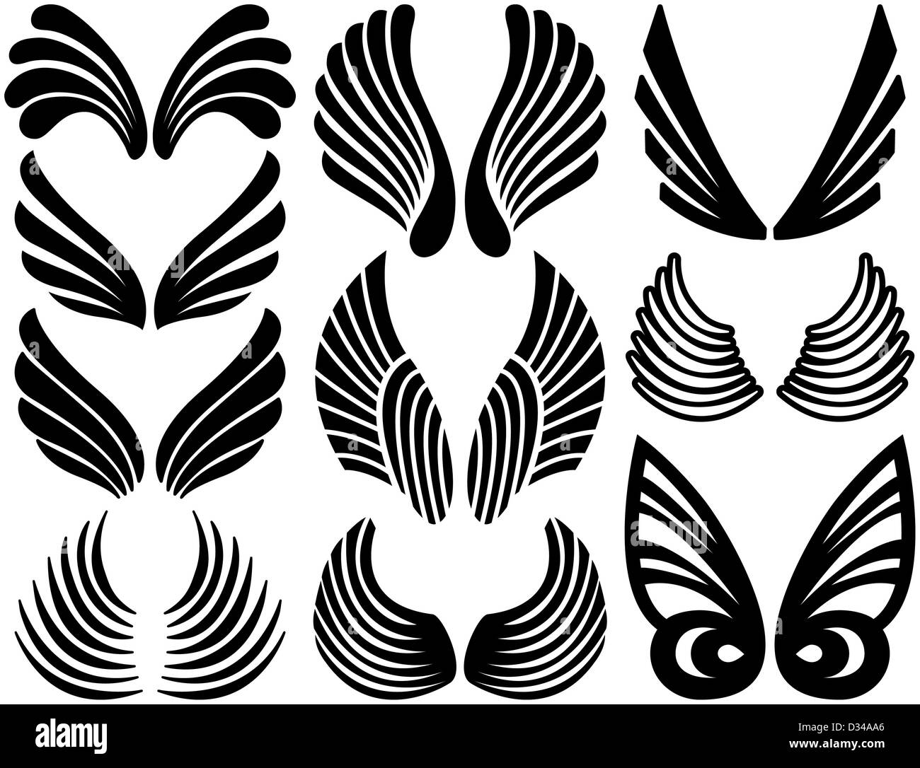 Ten Sets of Black Stylized Angel Wings Stock Photo