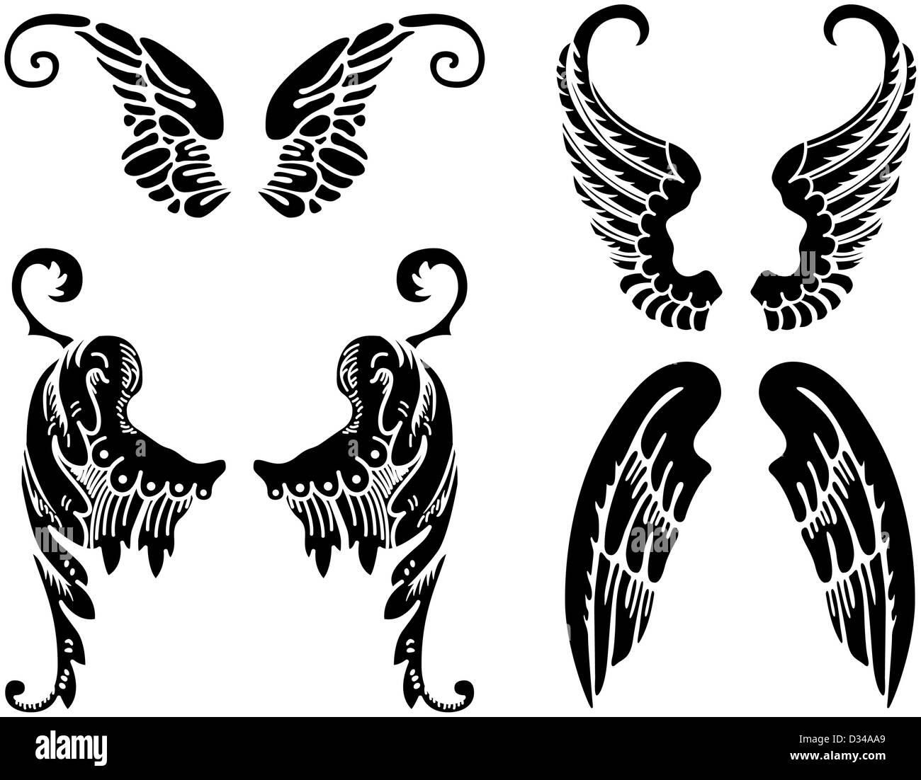 Four Sets of Black Angel Wings Stock Photo