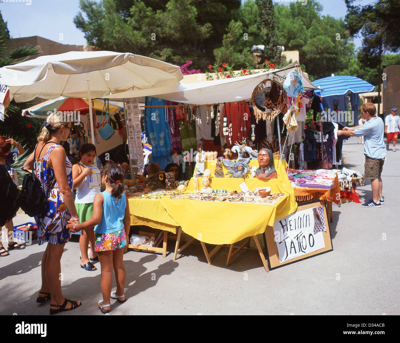 Colourful stalls, The Hippy Market, Punta Arabi, Es Cana, Balearic Islands, Spain Stock Colourful stalls, The Hippy Market, Punta Arabi, Es Cana, Balearic Islands, Spain Stock