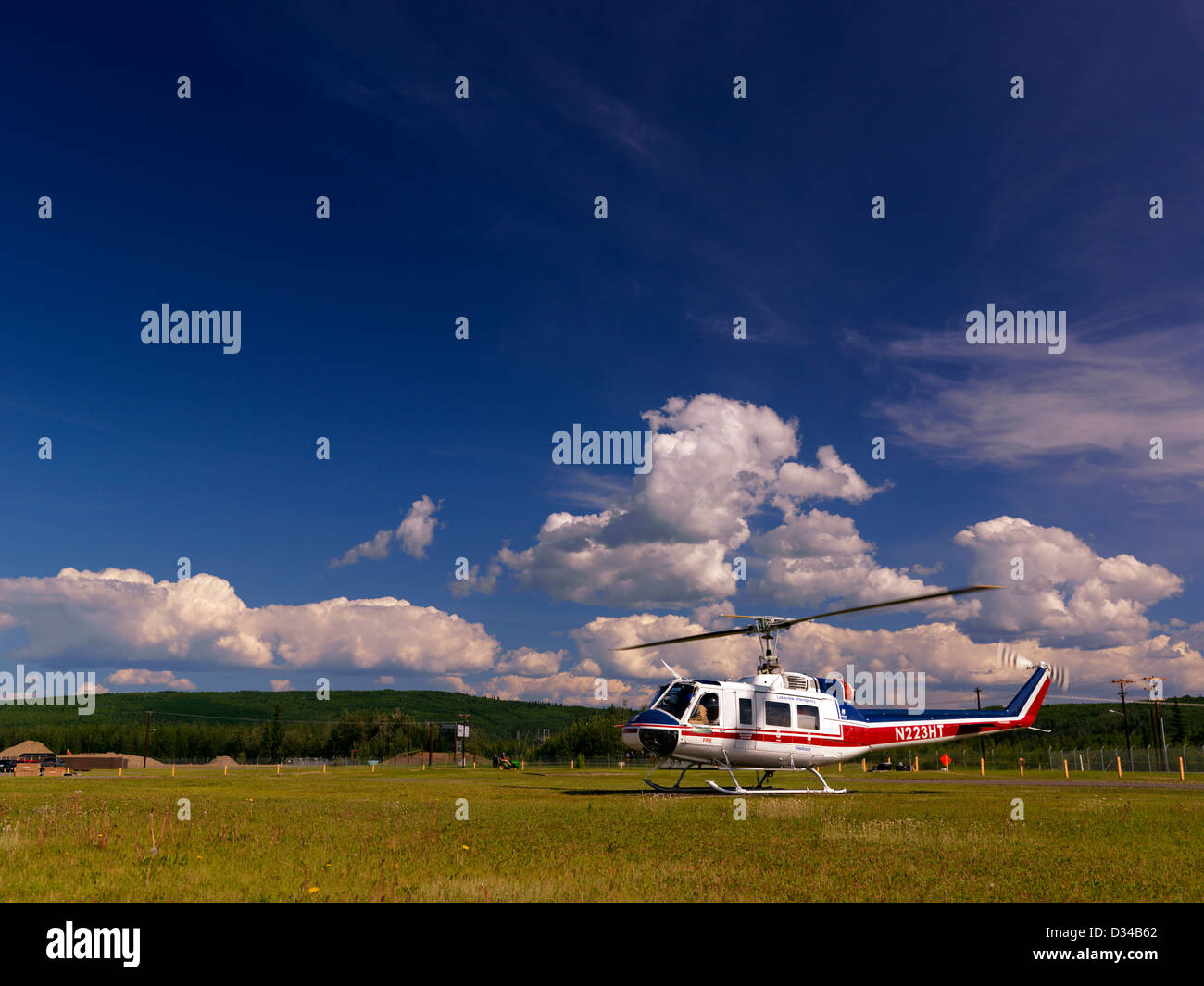 Bell 212 helicopter taking off from Fort Wainwright in Fairbanks Alaska