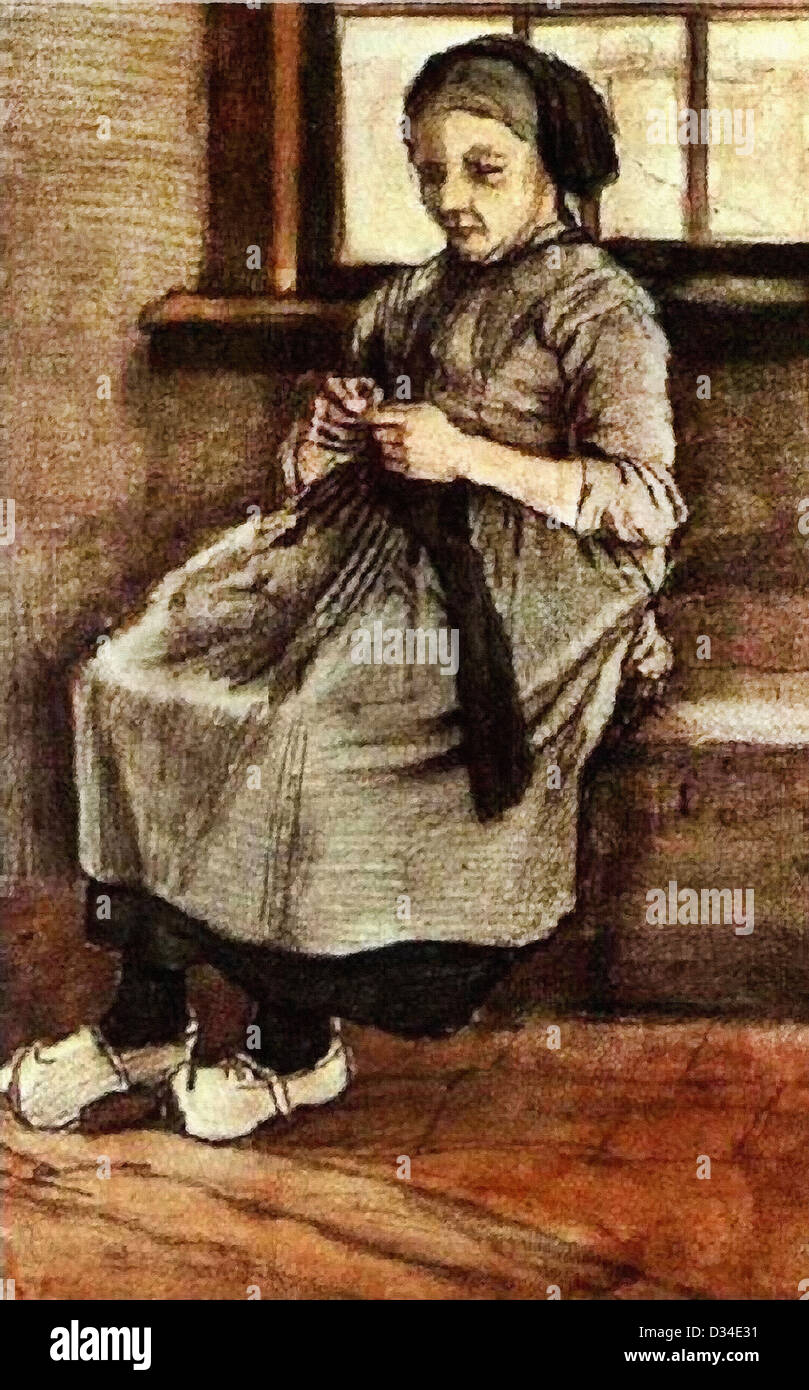 Vincent van Gogh: Woman Mending Stockings. 1881. Rijksmuseum Kröller-Müller, Otterlo, Netherlands. Realism. Stock Photo