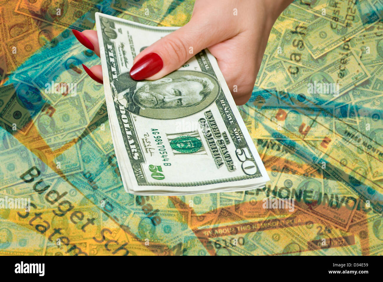 The female hand holds some denominations on 50 dollars Stock Photo