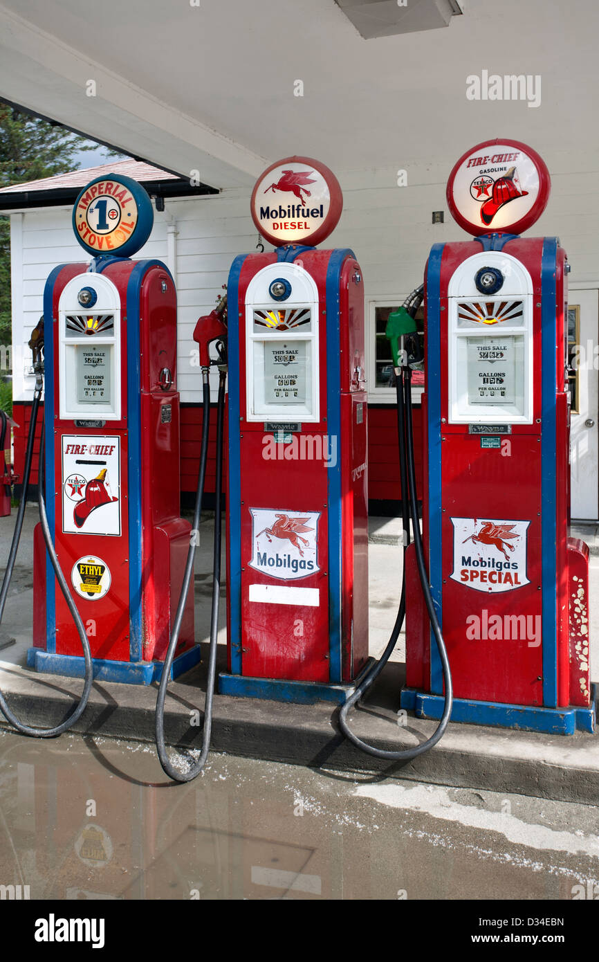 Old petrol dispensers. Gustavus petrol station. Alaska. USA Stock Photo